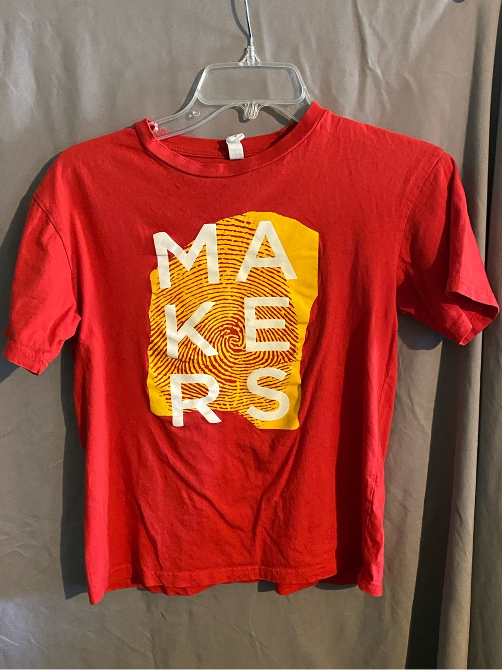 Red Short Sleeve Tee with Yellow 'MAKERS' Graphic